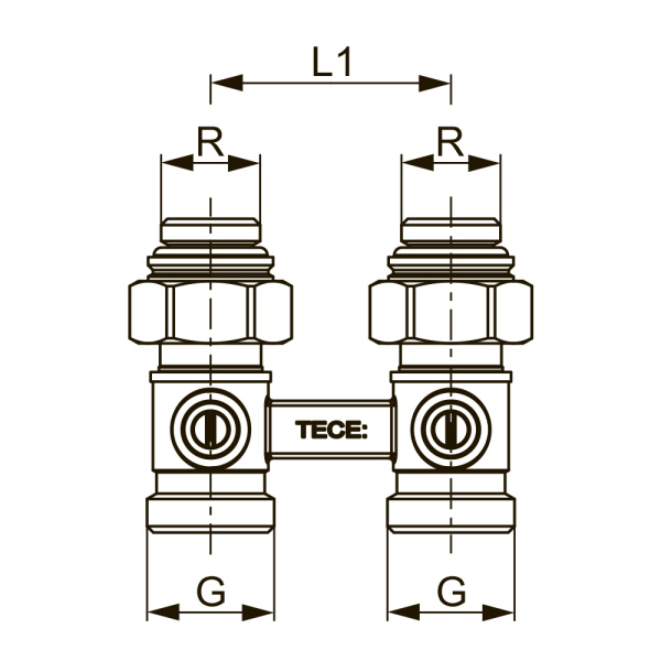 Запорно-присоединительный узел TECE для нижнего подключения радиаторов 1/2" MT, проходной