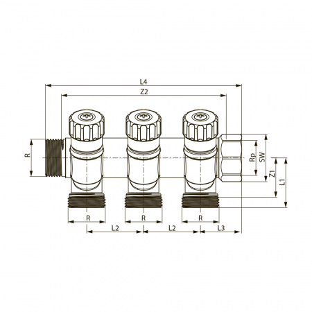 Коллектор универсальный TECE с запорными вентилями, стандартная латунь
