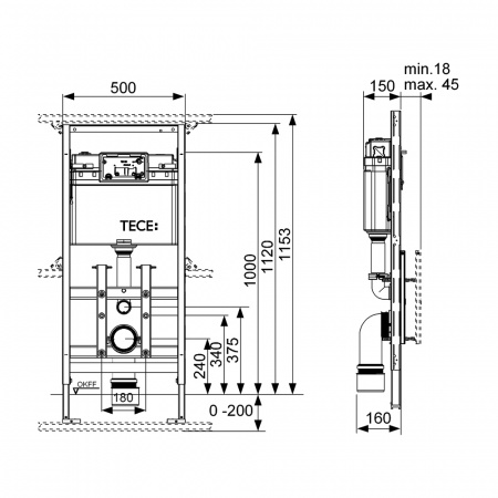Застенный модуль TECElux 100, высота установки 1120 мм