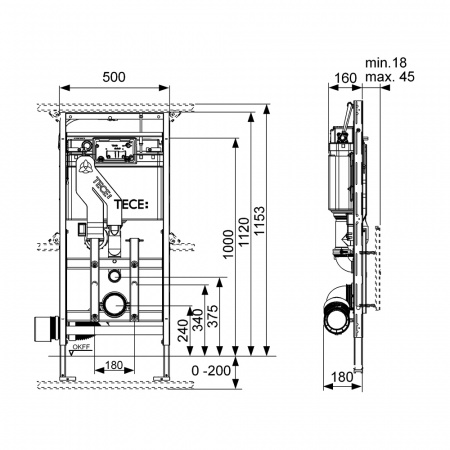 Застенный модуль TECElux 400 с регулировкой высоты и системой очистки воздуха, высота установки 1120 мм