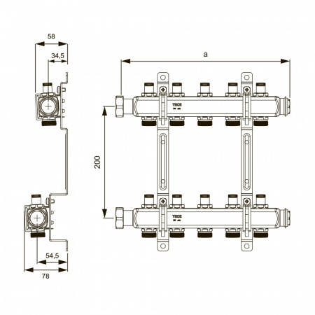 Стальной коллектор ТЕСЕ для систем отопления с запорными вентилями