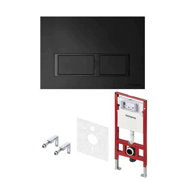 Комплект для установки подвесного унитаза: застенный модуль TECEspring, пластиковая панель смыва TECEspring V, черная матовая, унитаз с крышкой TECEspring R