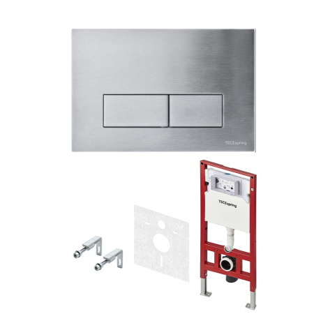 Комплект для установки подвесного унитаза: застенный модуль TECEspring, пластиковая панель смыва TECEspring S,  нерж.сталь, сатин, унитаз с крышкой TECEspring K