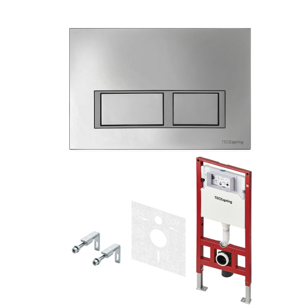 Комплект для установки подвесного унитаза: застенный модуль TECEspring, пластиковая панель смыва TECEspring V, хром глянцевая, унитаз с крышкой Basic K401201WCB (K955201WCB)