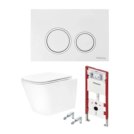Комплект для установки подвесного унитаза: застенный модуль TECEspring, пластиковая панель смыва TECEspring R, бел.глянц./хром глянц., унитаз с крышкой TECEspring S K401103WCS (K955103WCS)
