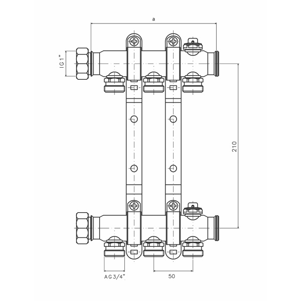 Коллектор для систем отопления с запорными вентилями в сборе