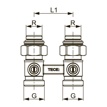 Запорно-присоединительный узел TECE для нижнего подключения радиаторов 1/2" MT, проходной